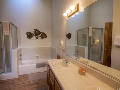 a bathroom with a sink and a shower and a tub at Aspen View Lodge home in South Lake Tahoe