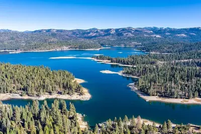 an aerial view of a lake in the woods at The Cedar House Prime Spot Kayaks & Cool AC in Shaver Lake
