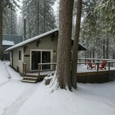 a cabin in the woods in the snow at Mystic Meadow Sweet Cabin Meadow Views in Shaver Lake