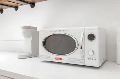 a microwave oven sitting on top of a counter at Dome Sweet Dome | Shaver Lake in Shaver Lake