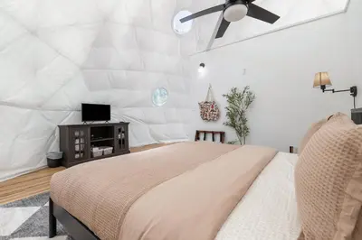 a bedroom with a large bed and a ceiling fan at Dome Sweet Dome | Shaver Lake in Shaver Lake