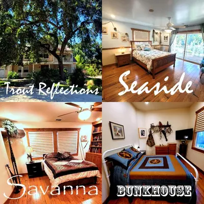 a collage of three pictures of a bedroom at Kings River Reflections in Sanger