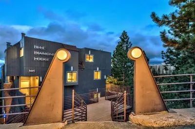 a building with a sculpture in front of it at Luxe 4 lake Tahoe Luxury With Hot Tub in Stateline