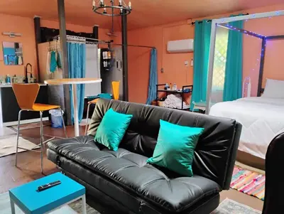 a living room with a black leather couch with green pillows at Ping's Tiny Home self-check in & out private in Merced