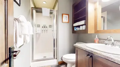 a bathroom with a shower and a toilet and a sink at Woodwinds #1303 condo in Mammoth Lakes