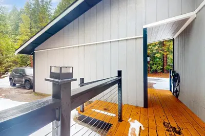 a cat standing on the porch of a house at Snowy Pines in Fish Camp