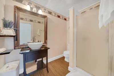 a bathroom with a sink and a mirror and a toilet at Timeless Victorian Gem w Breathtaking Mountains in Sutter Creek