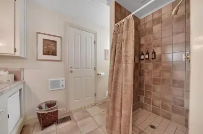a bathroom with a shower with a shower curtain at Romantic Victorian Getaway The Hideaway in Sutter Creek