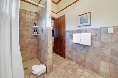 a bathroom with a walk in shower and a toilet at Romantic Victorian Getaway The Fox in Sutter Creek