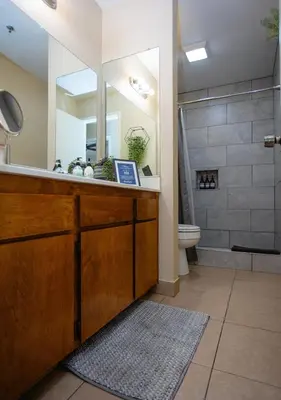 a bathroom with a sink and a mirror and a toilet at Cozy Condo minutes from the Sequoia National Park in Three Rivers