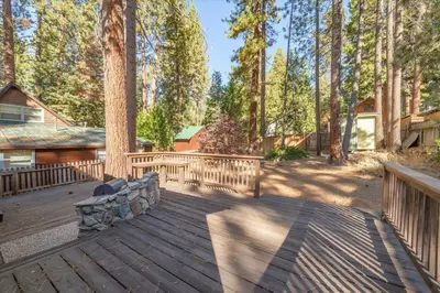 a wooden deck with a bench and trees at New Cabin in North Lake Tahoe! in Kings Beach