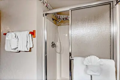 a shower stall in a bathroom with white towels at Near Northstar Wooded Retreat with Deck & Loft in Tahoe Vista