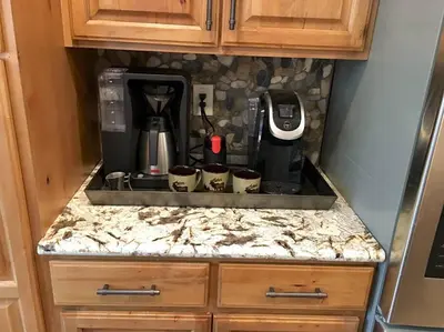 a kitchen counter with a coffee maker on it at Luxury Single Level, Great Location, Hot Tub, Arcade in South Lake Tahoe