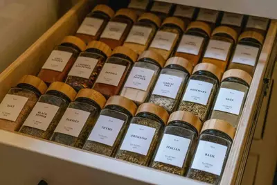 a drawer full of wine bottles filled with spices at The Sugar Pine Speakeasy in Homewood
