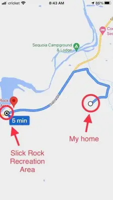 a screenshot of a map with arrows pointing to my home at Sequoia TREE HOUSE light andbright in Three Rivers