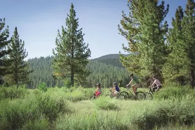 a group of people riding bikes in a field at Cozy Palisades Tahoe Ski Cabin 3BR 3BA Free Shuttle to Lifts Book on Mobile for Promo Price in Alpine Meadows