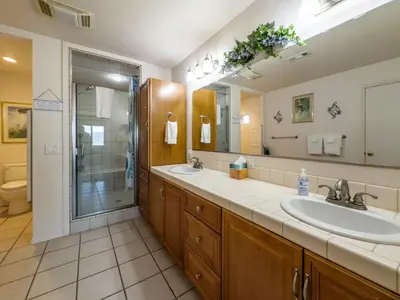 a bathroom with a sink and a shower at Yosemite Mountaintop Retreat on 100 acres, 2 Homes, 2 hot tubs, pool in Mariposa