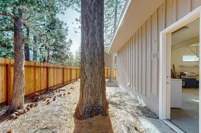 a house with two trees next to a fence at Lipan Lodge in South Lake Tahoe