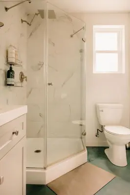 a bathroom with a shower and a toilet at Romantic Yosemite Retreat - Private Zen Hot Tub in Mariposa