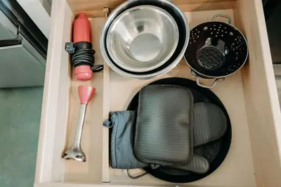 a drawer with various kitchen utensils in it at Romantic Yosemite Retreat - Private Zen Hot Tub in Mariposa