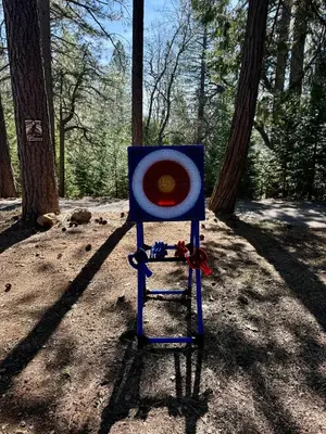 a target sitting on a stand in the woods at Family get away Near Sly Park Lake & Apple Hill in Pollock Pines