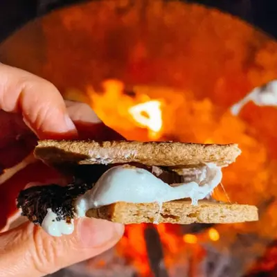 a person holding a sandwich in front of a fire at Elderberry Bluejay Location Goals Tub Time in Shaver Lake
