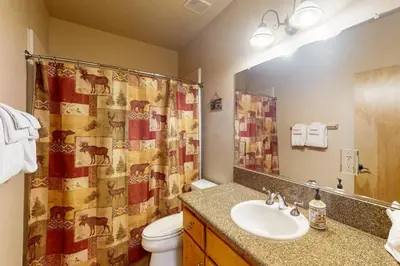 a bathroom with a sink and a shower curtain at Baby Bear Bliss in Shaver Lake