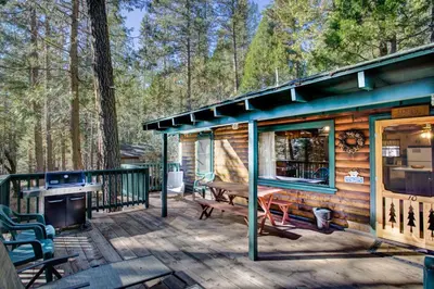 a cabin with a picnic table and a grill on a deck at 10 Little Cabin In The Woods in North Wawona