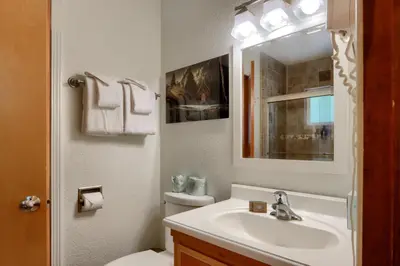 a bathroom with a sink and a toilet and a mirror at 17C The Redwoods Cabin in North Wawona