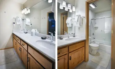 two pictures of a bathroom with two sinks and a toilet at Riverfront Retreat in North Wawona