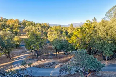 an aerial view of a park with trees and a road at Luxury Lodge-Hot Tub-BBQ-Sleeps 18 in Oakhurst