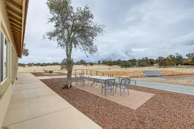 a table and chairs and a tree on a patio at On-Site Winery Rural Plymouth Getaway! in Plymouth