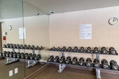 a gym with rows of dumbbells on the wall at Updated Pet Friendly Monache Studio with Views! in Mammoth Lakes
