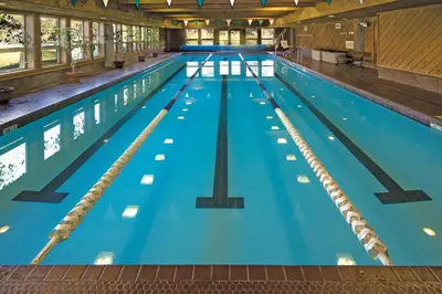 an overhead view of an indoor swimming pool at Sierra Manors #61 condo in Mammoth Lakes
