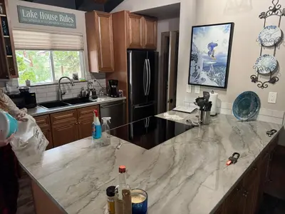 a kitchen with a large marble counter top at Lake Tahoe Incline Beach Ski Pool Pets Casino in Incline Village