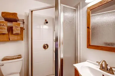 a bathroom with a shower and a toilet and a sink at Alpine View in Yosemite West