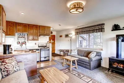 a kitchen and living room with a couch and a stove at Alpine View in Yosemite West