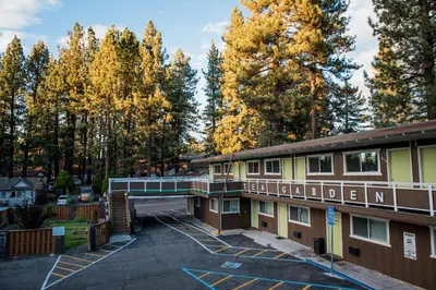 arial view of a building with a parking lot at Tea Garden Lodge in South Lake Tahoe