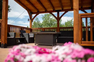 a wooden gazebo with a table and some pink flowers at Waterfall Lodge near Yosemite Endless Pool, Hot Tub, Playground in Oakhurst