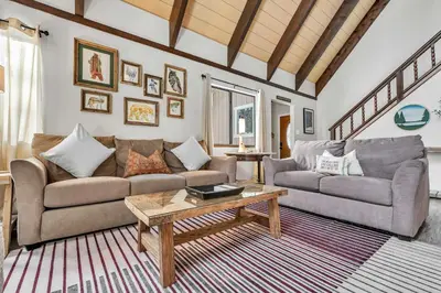 a living room with two couches and a coffee table at Beautiful Homewood Retreat with Deck and Grill in Homewood