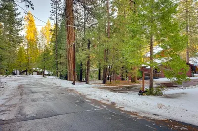an empty road with trees and snow on the ground at 5 Mi to Dodge Ridge Cabin in Strawberry in Strawberry