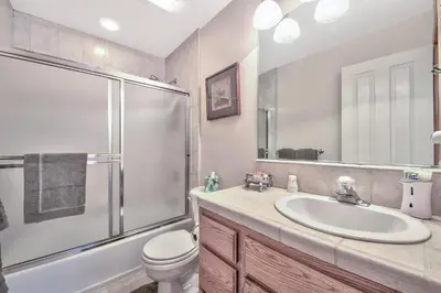 a bathroom with a sink and a shower and a toilet at 2272L The Lupine Lodge in South Lake Tahoe