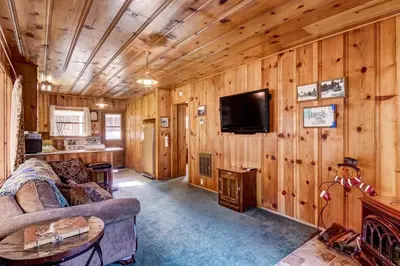 a living room with a couch and a tv at 3993C Cedar Cabin Lake Tahoe in South Lake Tahoe