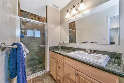 a bathroom with a sink and a shower at Peace of Heaven 2566C in South Lake Tahoe