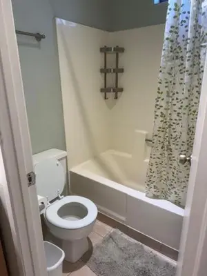 a bathroom with a toilet and a shower curtain at RR-Birch_Creek 2 in June Lake