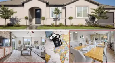 a living room and a house with a map at Casita Tulare in Tulare