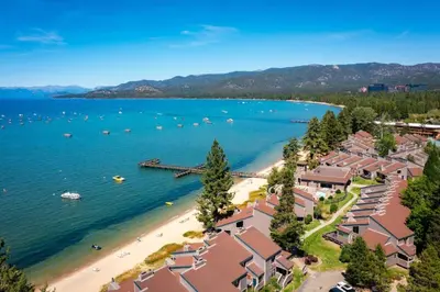 an aerial view of a beach with houses at Lakeland Studio - Walk to Casinos, Restaurants And Gondola in South Lake Tahoe