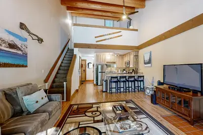 a living room with a couch and a tv at The Cozy Condo in Kingswood Estates
