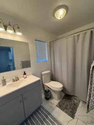 a bathroom with a toilet and a sink and a mirror at Luxury Escape in Stockton