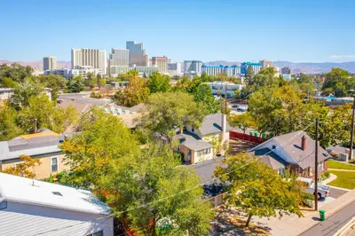 an aerial view of a city with buildings at Emerald Escape - UNR & Pet Friendly in Reno